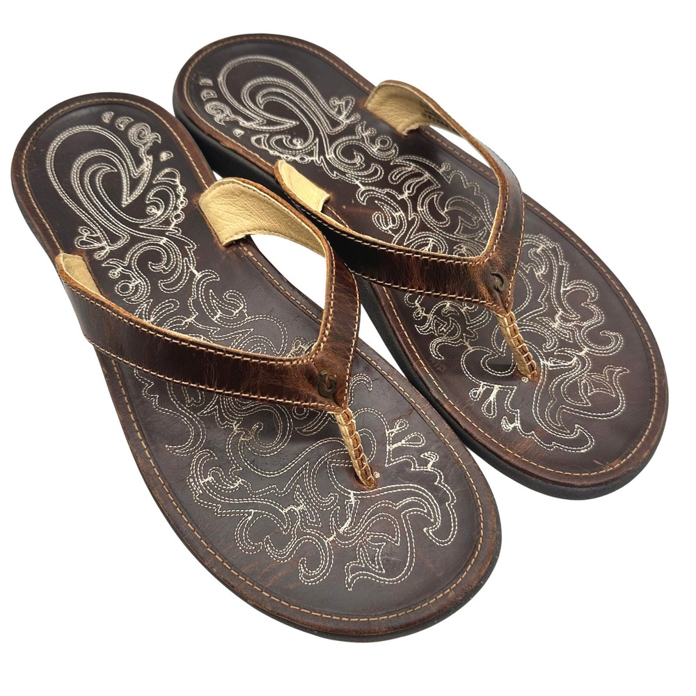 OluKai Paniolo Leather Flip Flop Sandals Womens 10 Natural Brown 20129-8787